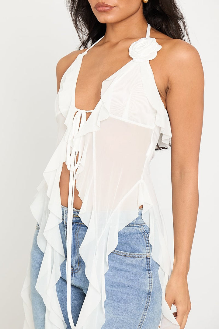 Valantomode | Sheer Plunge Halter Ruffle Top in White Mesh