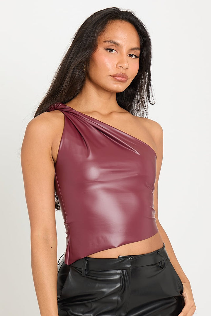 Valantomode | Chic One-Shoulder Wine Faux Leather Twist Top