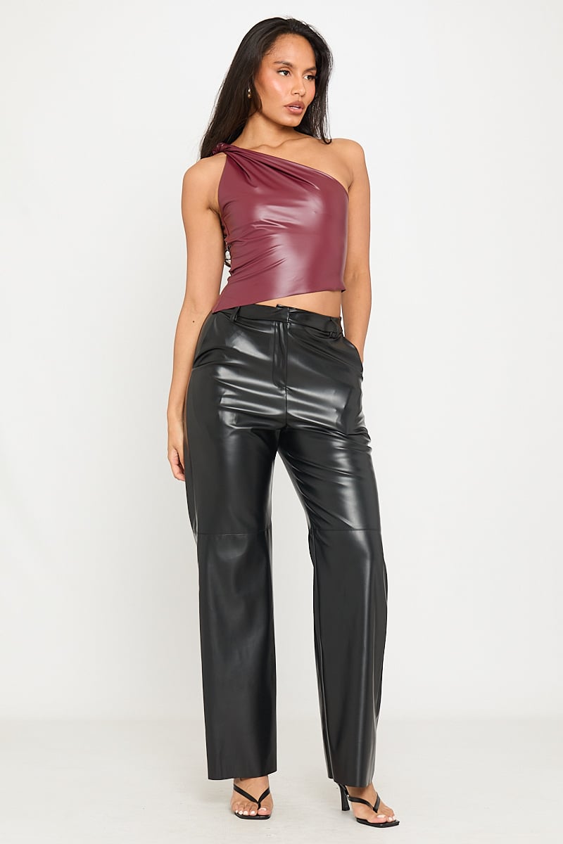Valantomode | Chic One-Shoulder Wine Faux Leather Twist Top