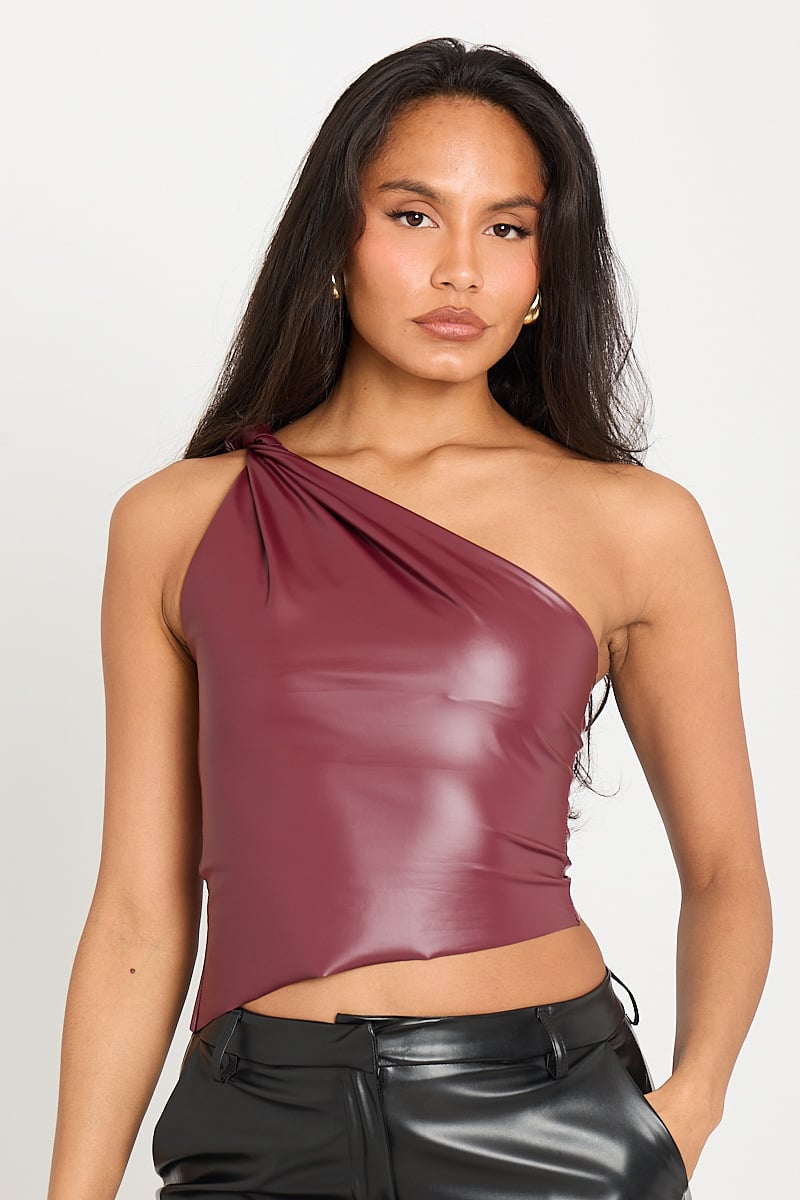 Valantomode | Chic One-Shoulder Wine Faux Leather Twist Top