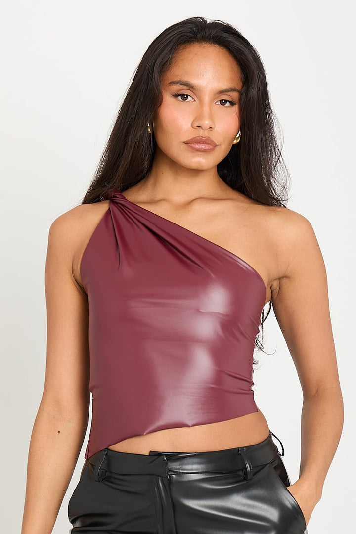 Valantomode | Chic One-Shoulder Wine Faux Leather Twist Top