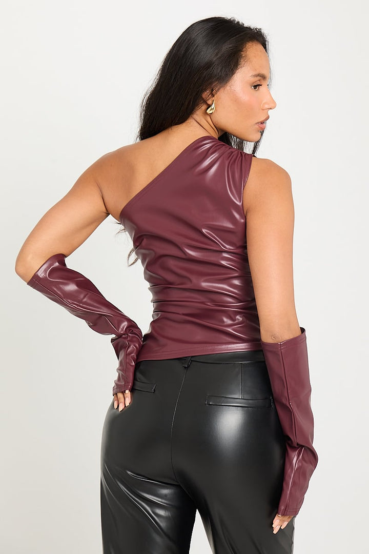 Valantomode | Chic Ruched One Shoulder Wine Faux Leather Top with Sleeves