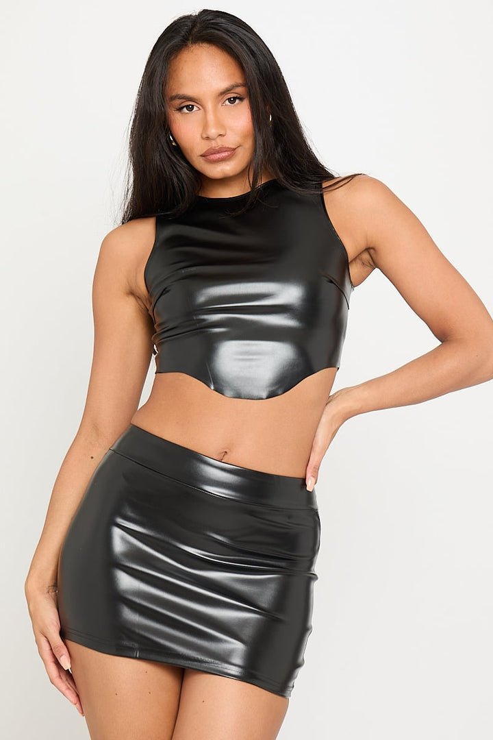 Valantomode | Chic Black Faux Leather Dip Hem Top & Mini Skirt Set