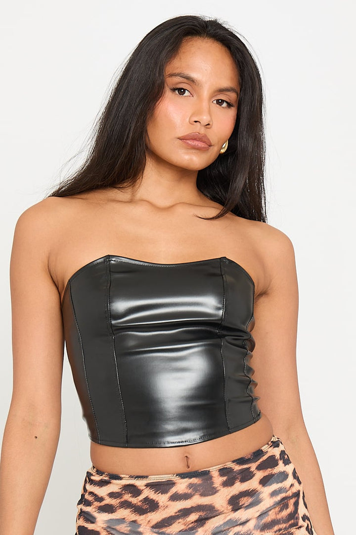 Valantomode | Chic Black Faux Leather Corset Crop Top for Bold Style