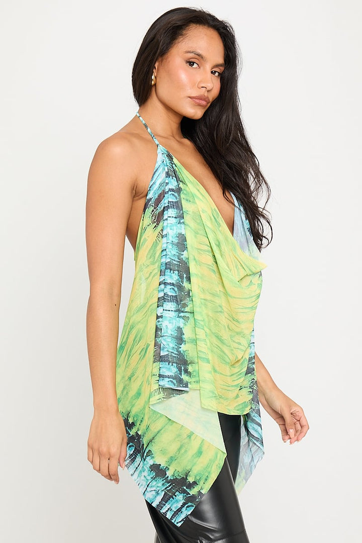 Valantomode | Chic Green Plunge Halter Neck Top with Multi Print Design