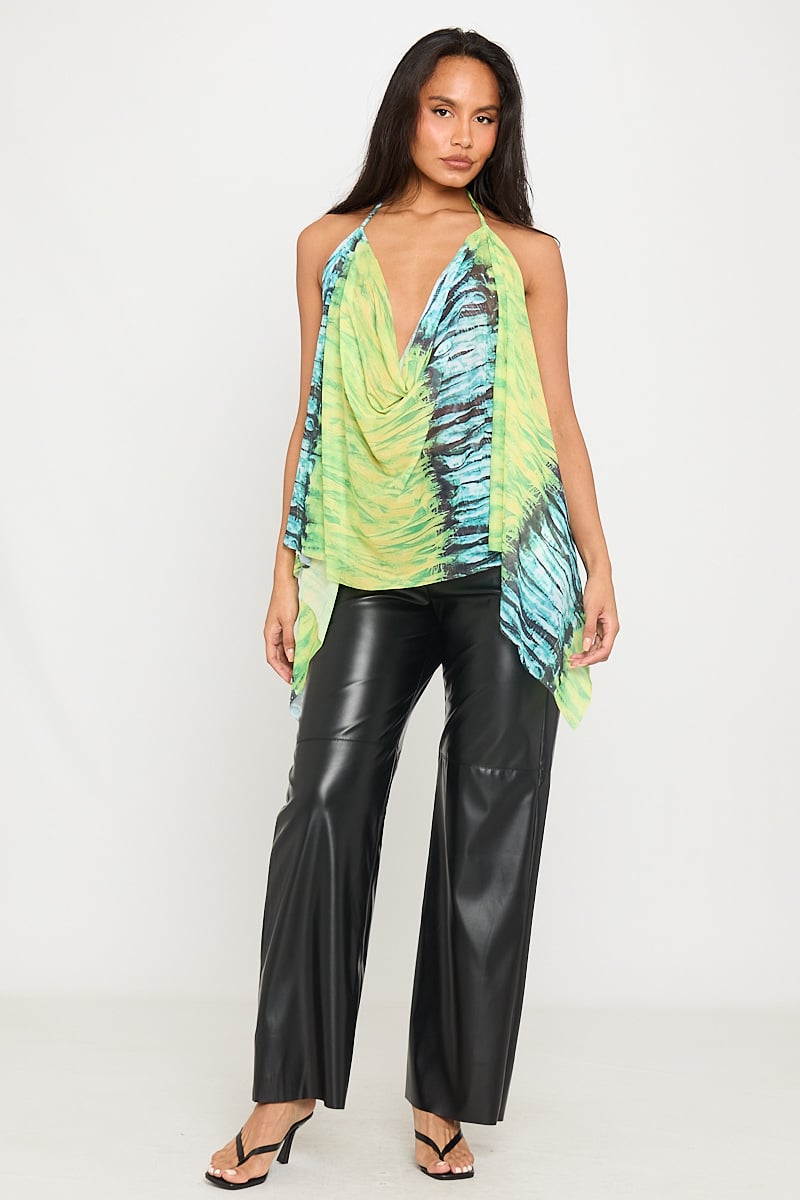 Valantomode | Chic Green Plunge Halter Neck Top with Multi Print Design