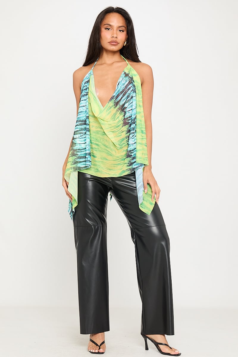 Valantomode | Chic Green Plunge Halter Neck Top with Multi Print Design