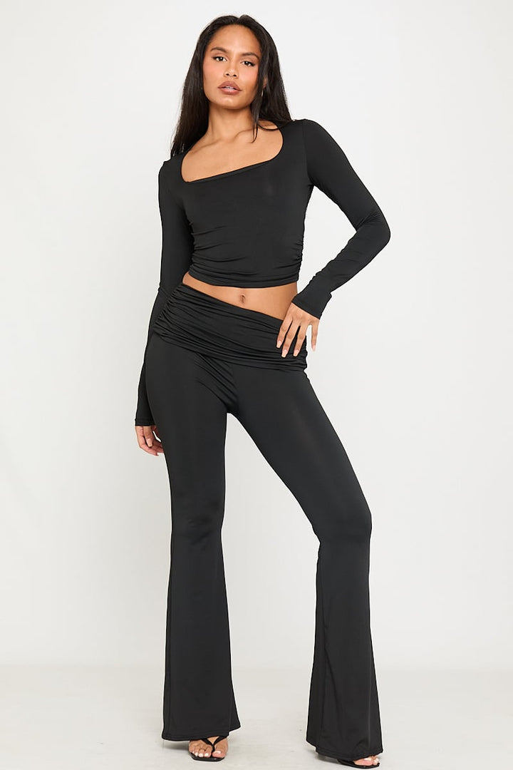 Valantomode | Chic Black Square Neck Crop Top & Fold Over Leggings Set