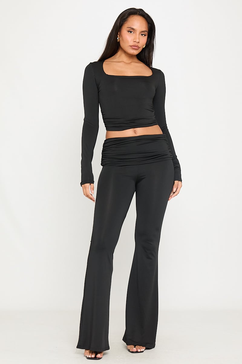 Valantomode | Chic Black Square Neck Crop Top & Fold Over Leggings Set