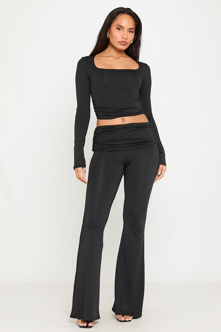 Valantomode | Chic Black Square Neck Crop Top & Fold Over Leggings Set