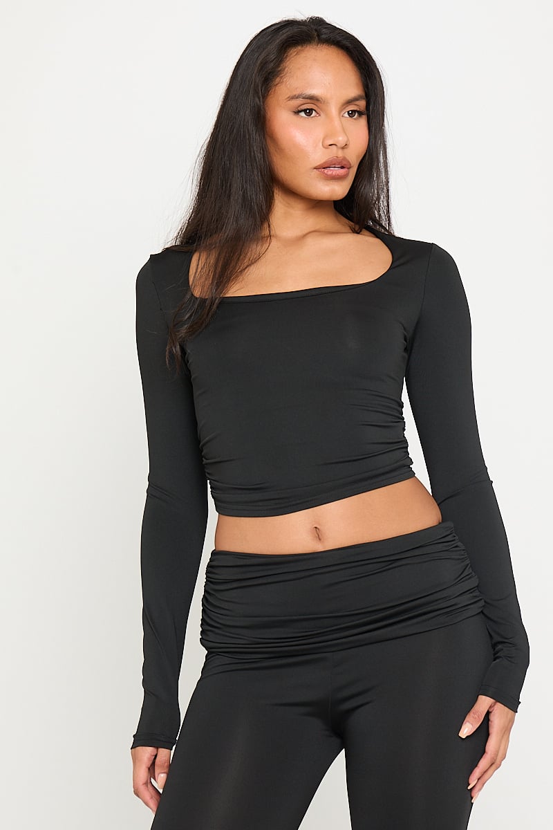Valantomode | Chic Black Square Neck Crop Top & Fold Over Leggings Set