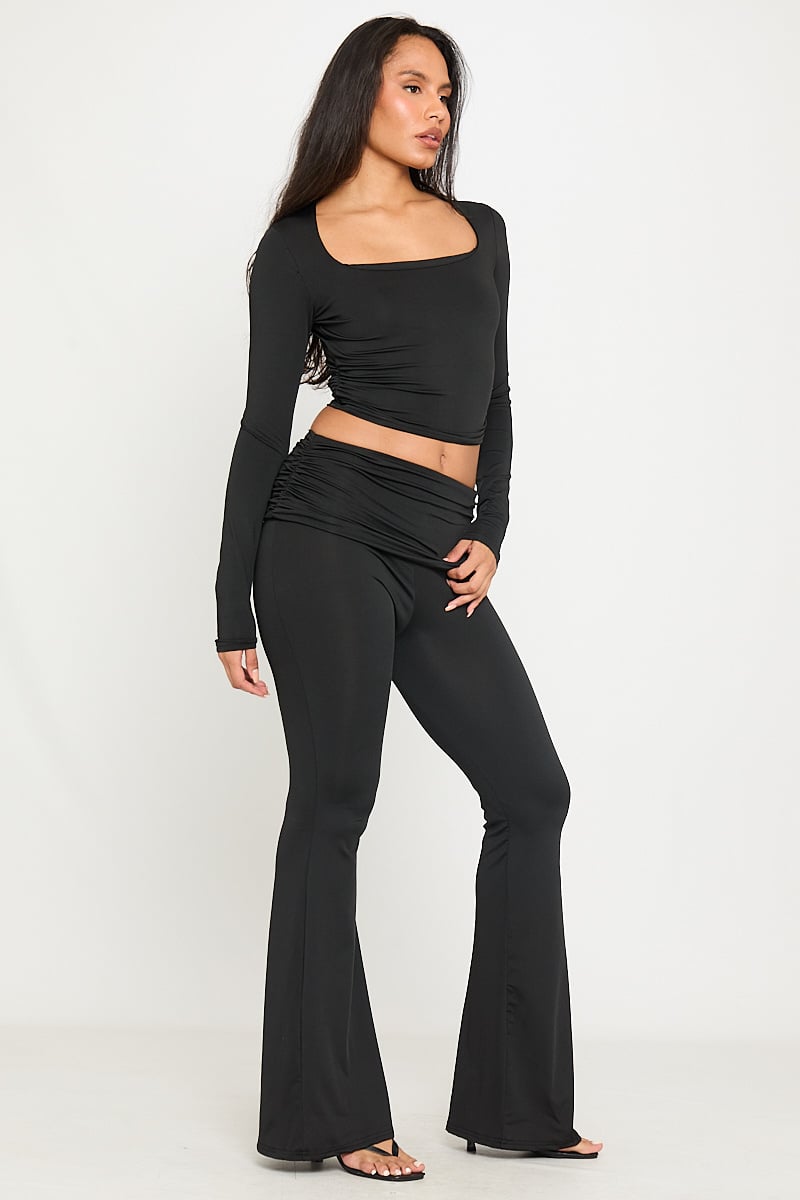 Valantomode | Chic Black Square Neck Crop Top & Fold Over Leggings Set