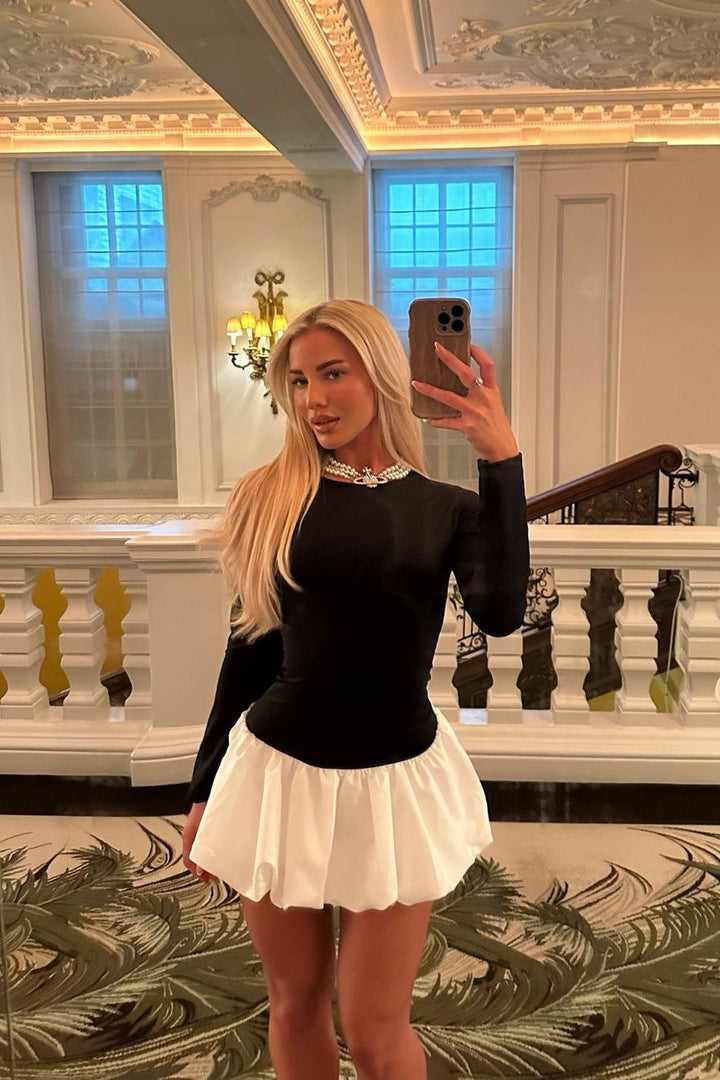 Valantomode | Chic Black Bubble Hem Mini Dress with Long Sleeves