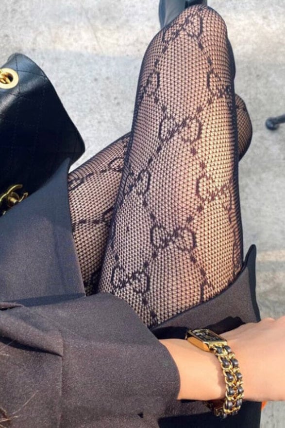 Valantomode | Chic Black Fishnet Tights with Logo Detail