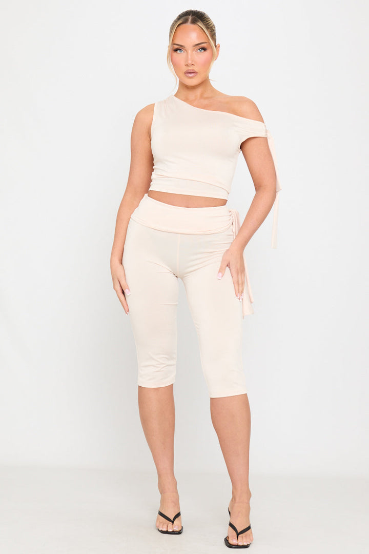 Valantomode | Chic Cream One Shoulder Top & Capri Pants Set