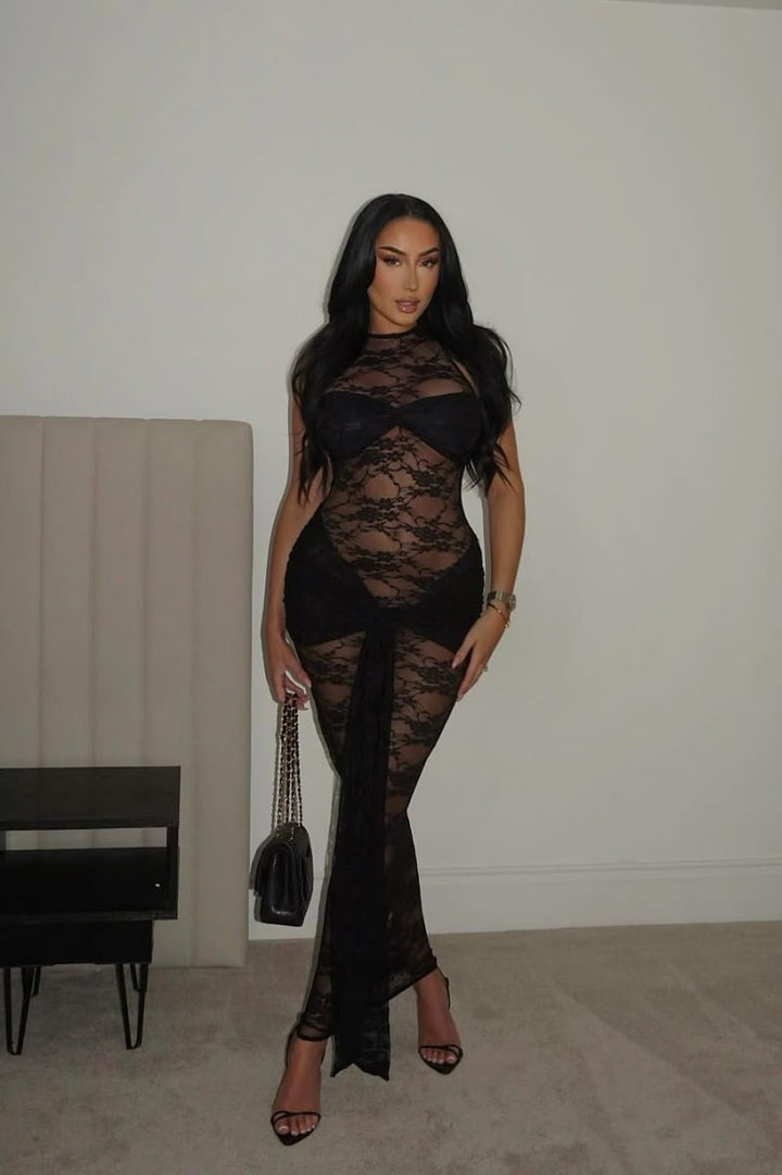 Valantomode | Elegant Black Sheer Lace Maxi Dress with Tie Front