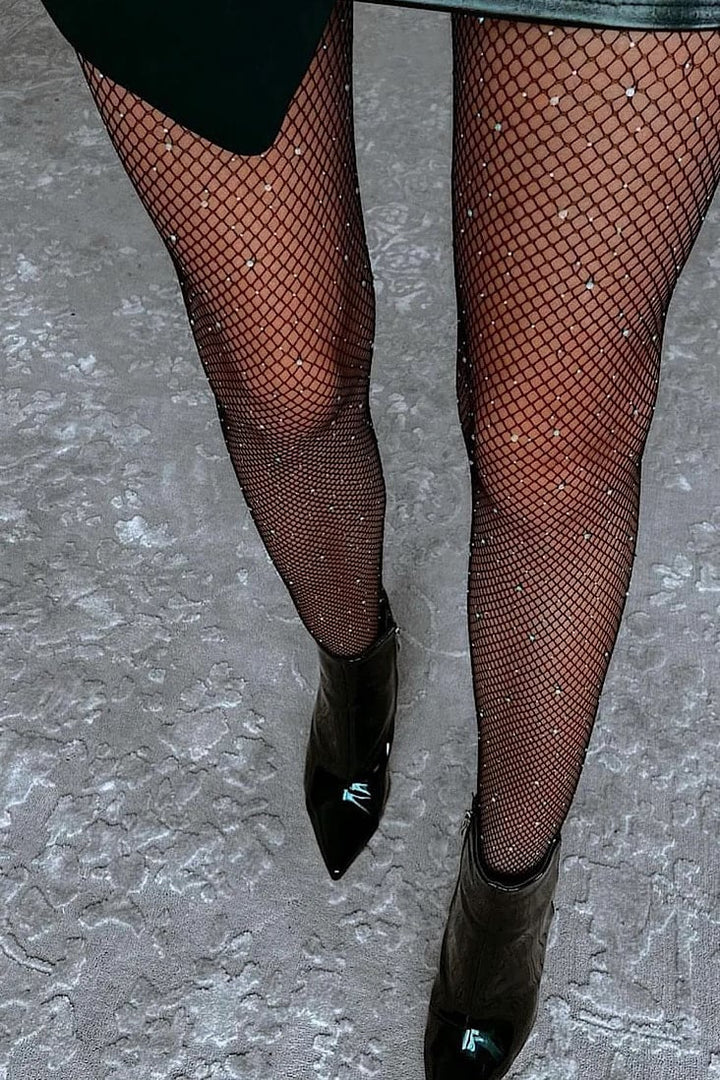 Valantomode | Glamorous Black Fishnet Tights with Diamante Accents