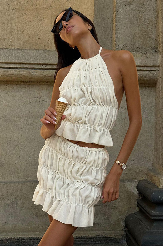 Valantomode | Sheer Cream Ruched Halter Top & Mini Skirt Set