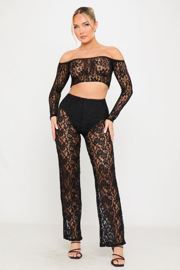 Valantomode | Elegant Black Floral Lace Straight Leg Pants for Chic Style