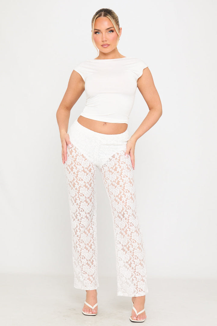 Valantomode | Elegant White Floral Lace Straight Leg Pants for Chic Style