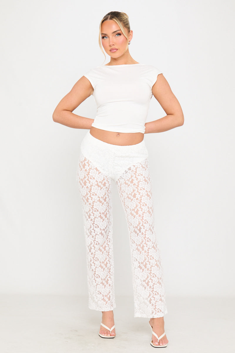 Valantomode | Elegant White Floral Lace Straight Leg Pants for Chic Style