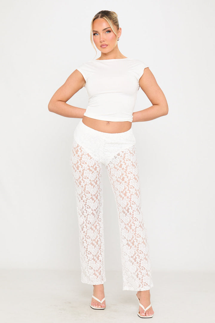 Valantomode | Elegant White Floral Lace Straight Leg Pants for Chic Style