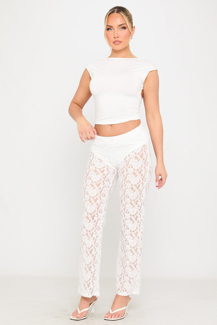 Valantomode | Elegant White Floral Lace Straight Leg Pants for Chic Style