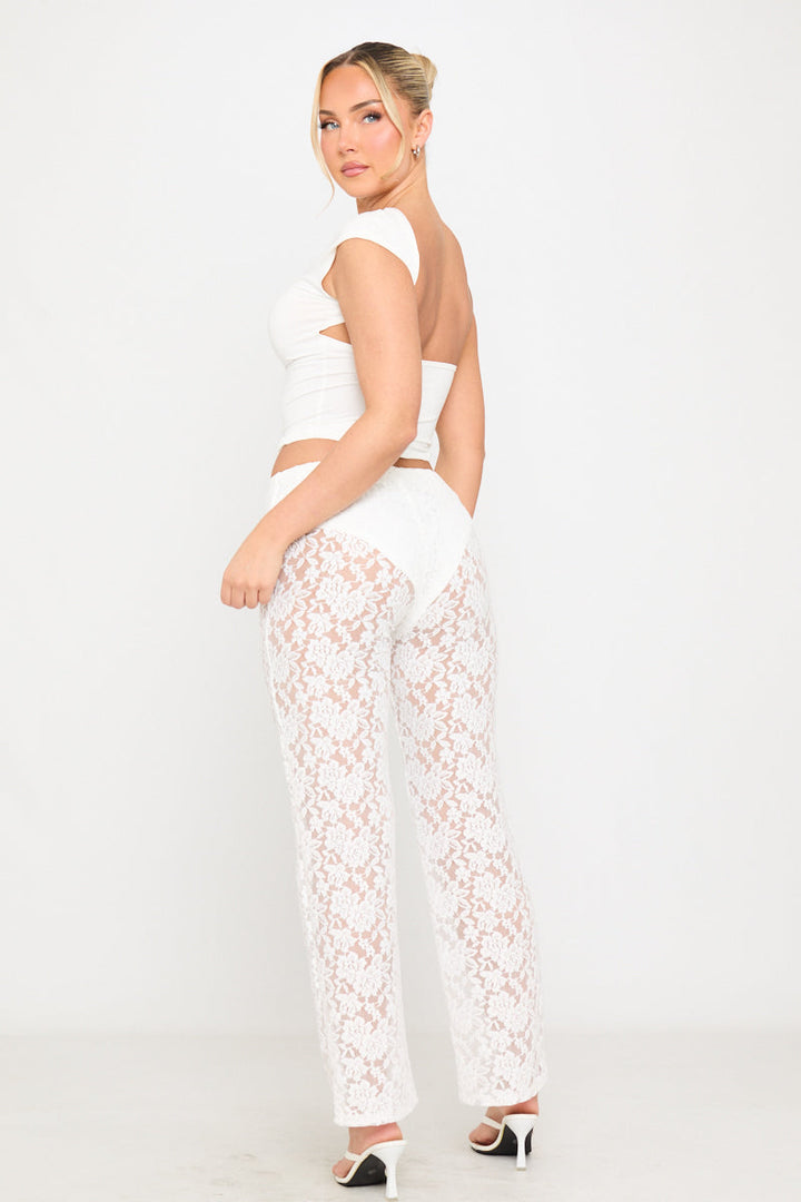 Valantomode | Elegant White Floral Lace Straight Leg Pants for Chic Style