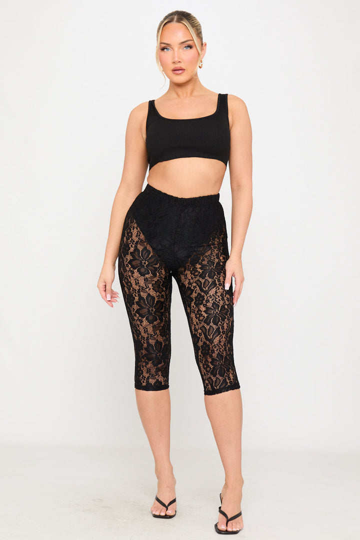 Valantomode | Elegant Black Floral Lace Capri Trousers for Chic Style