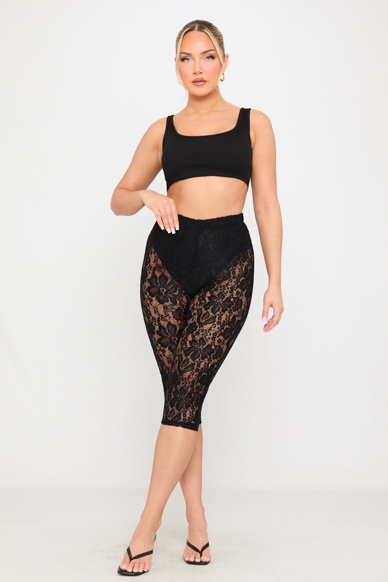 Valantomode | Elegant Black Floral Lace Capri Trousers for Chic Style