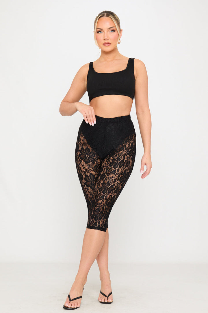Valantomode | Elegant Black Floral Lace Capri Trousers for Chic Style