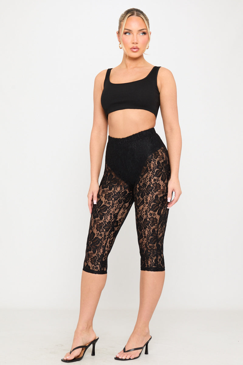 Valantomode | Elegant Black Floral Lace Capri Trousers for Chic Style