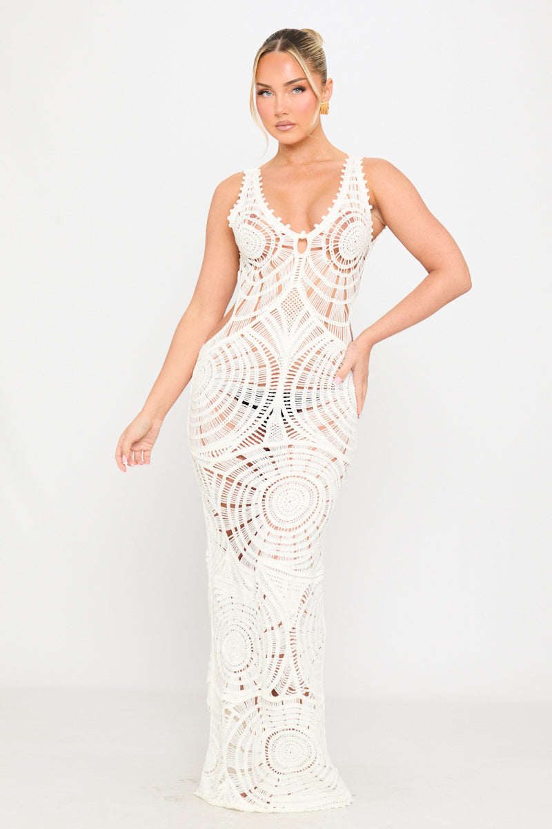 Valantomode | Elegant Cream Crochet Knit Maxi Dress with Cut-Out Design