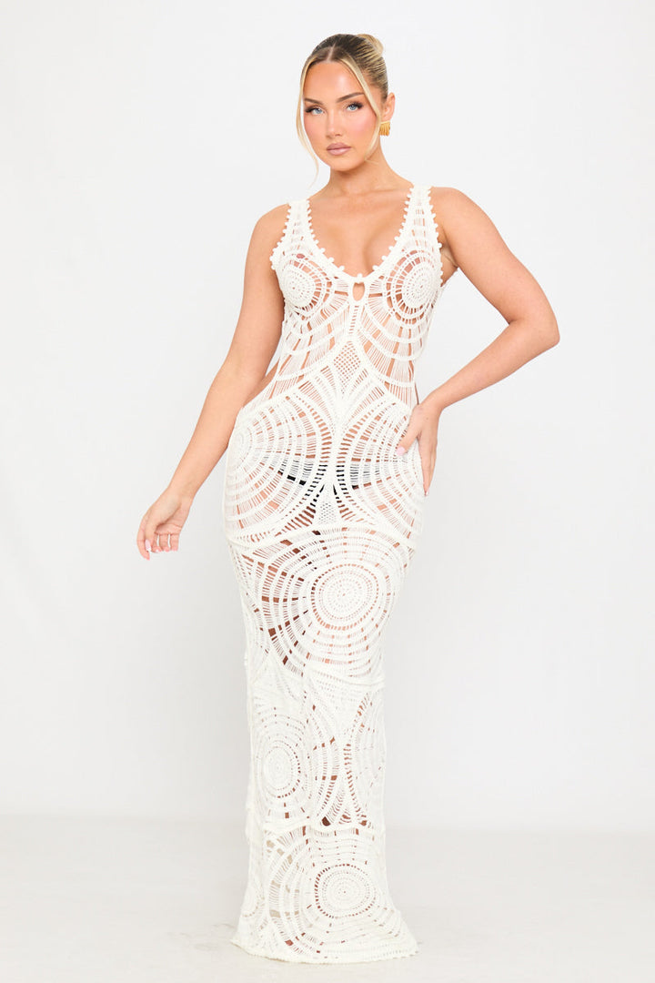 Valantomode | Elegant Cream Crochet Knit Maxi Dress with Cut-Out Design