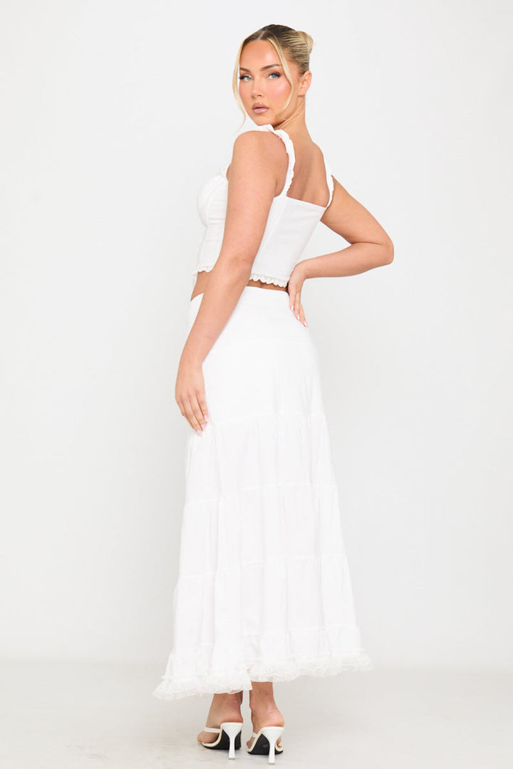 Valantomode | Elegant White Lace Trim Corset Top with Tie Front