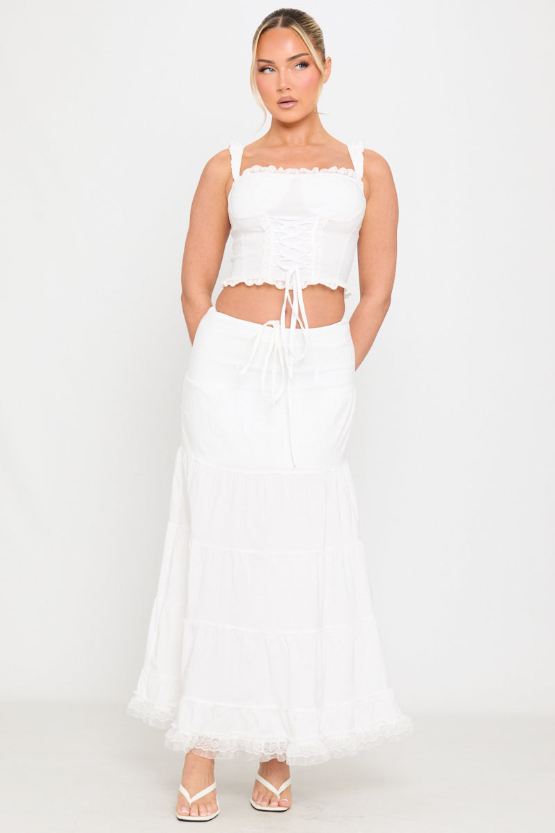 Valantomode | Elegant White Lace Trim Corset Top with Tie Front