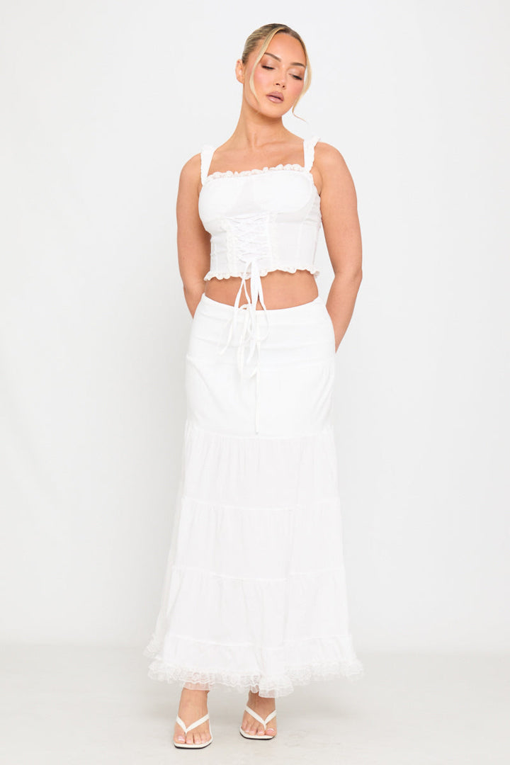 Valantomode | Elegant White Tiered Maxi Skirt with Ruffle Tie Detail