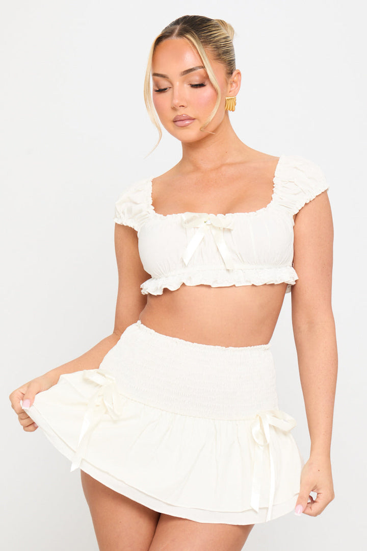 Valantomode | Chic White Ruched Crop Top & Mini Skirt Set