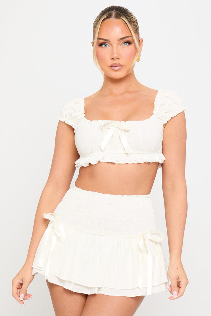 Valantomode | Chic White Ruched Crop Top & Mini Skirt Set