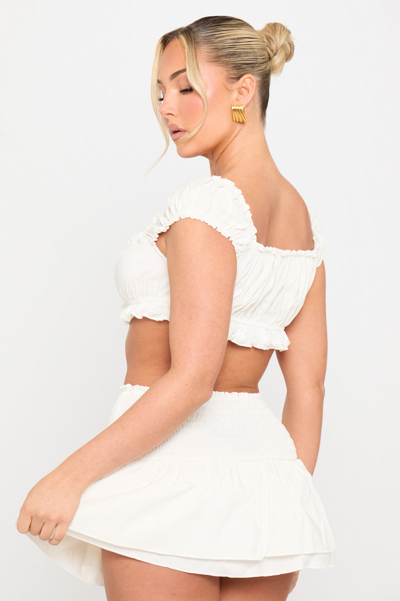 Valantomode | Chic White Ruched Crop Top & Mini Skirt Set