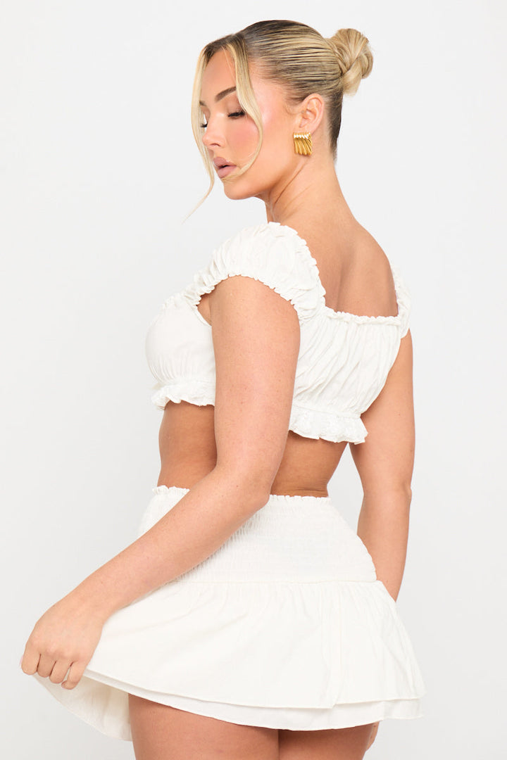 Valantomode | Chic White Ruched Crop Top & Mini Skirt Set