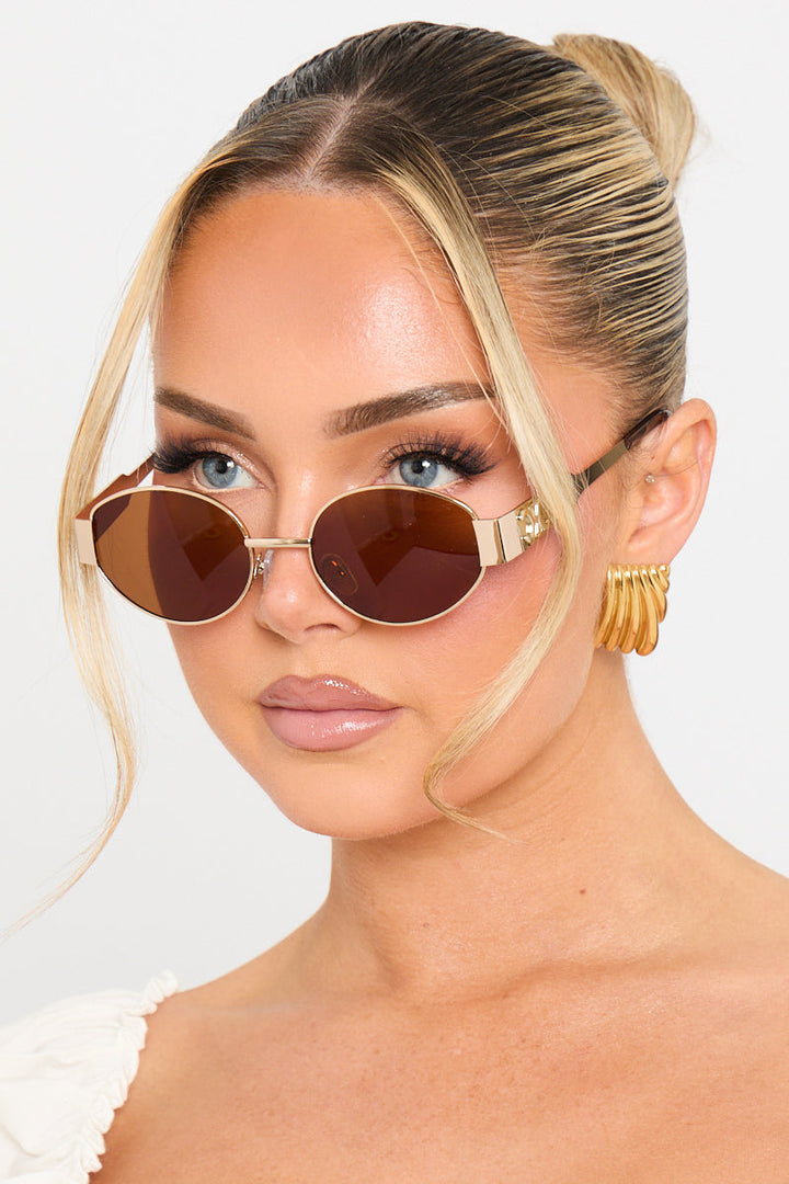 Valantomode | Chic Gold Brown Oval Frame Sunglasses for Stylish Vision