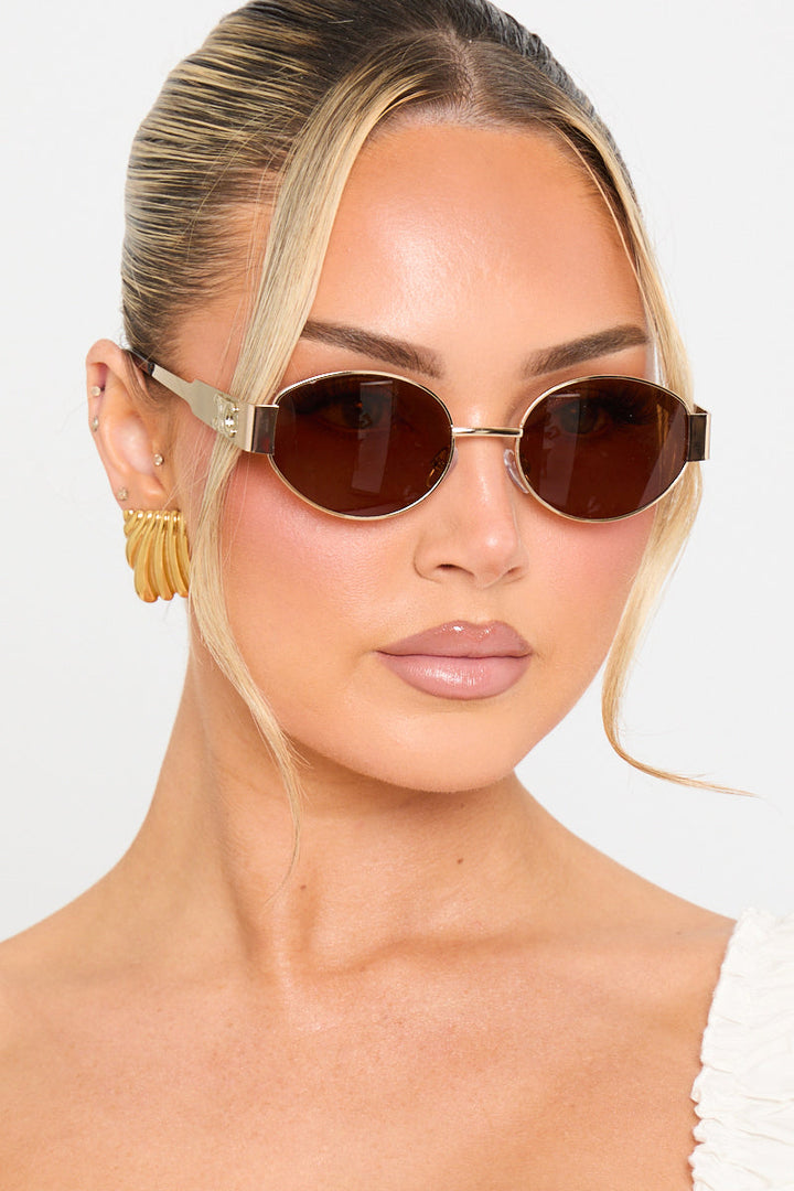 Valantomode | Chic Gold Brown Oval Frame Sunglasses for Stylish Vision