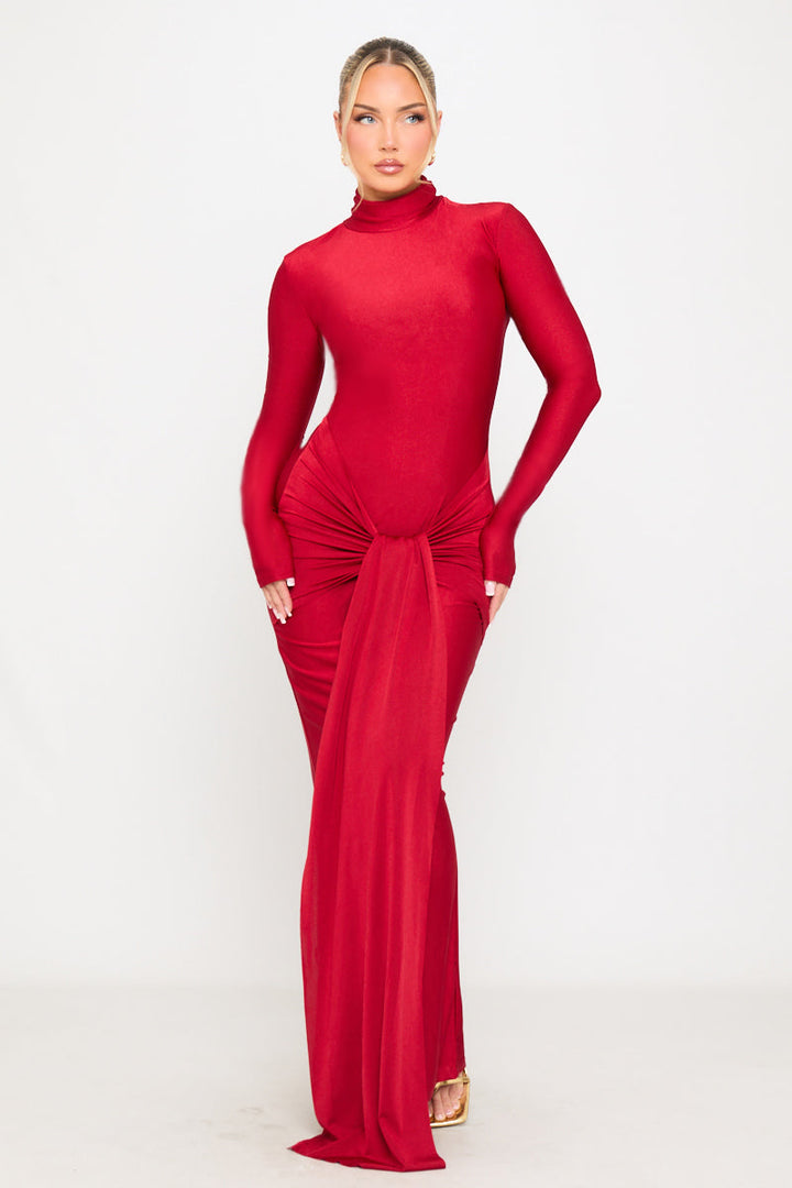Valantomode | Chic Red Slinky Jersey Maxi Dress with Turtle Neck Design