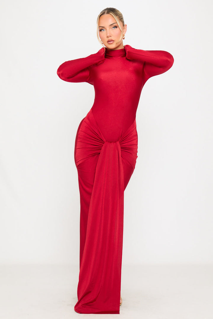 Valantomode | Chic Red Slinky Jersey Maxi Dress with Turtle Neck Design
