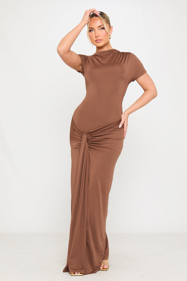 Valantomode | Chic Brown Asymmetrical Ruched Maxi Dress for Effortless Style