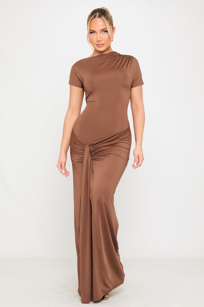 Valantomode | Chic Brown Asymmetrical Ruched Maxi Dress for Effortless Style