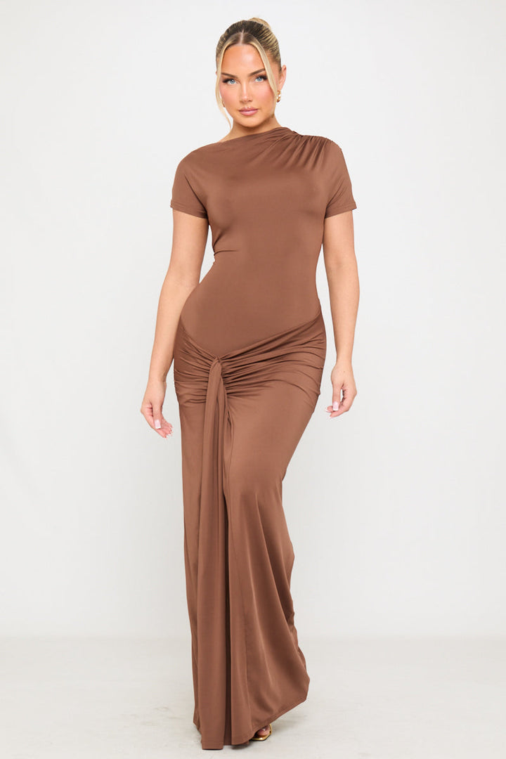 Valantomode | Chic Brown Asymmetrical Ruched Maxi Dress for Effortless Style