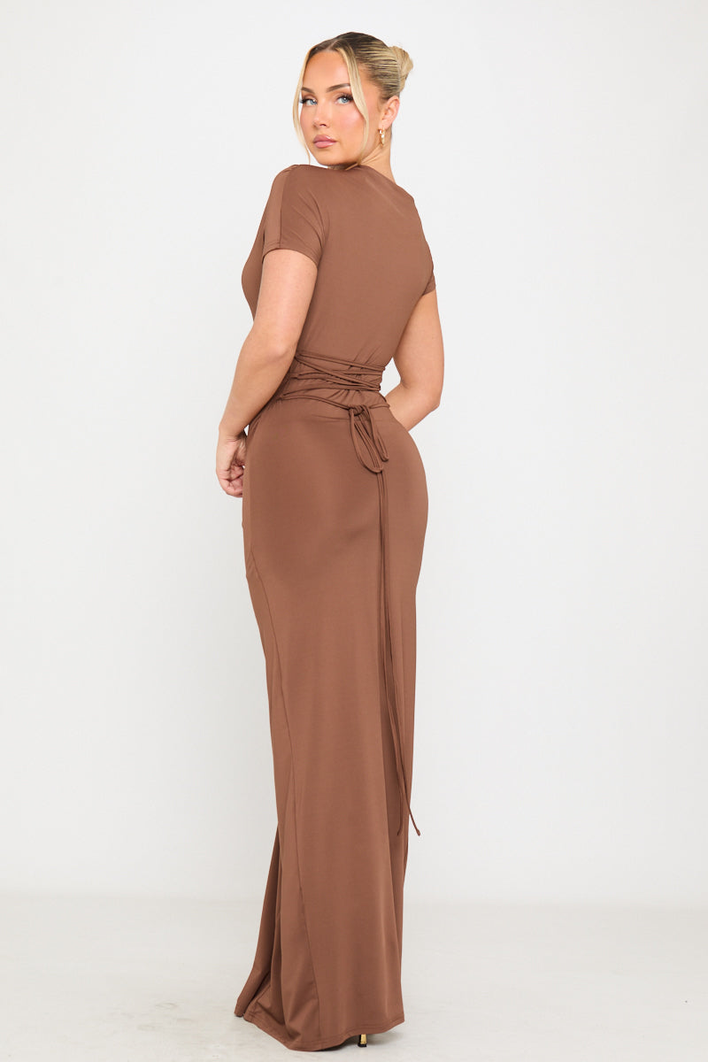 Valantomode | Chic Brown Asymmetrical Ruched Maxi Dress for Effortless Style