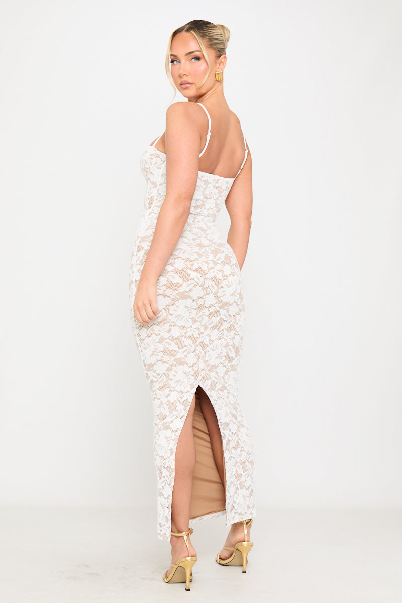 Valantomode | Elegant White Lace Floral Maxi Dress with Sleeveless Design